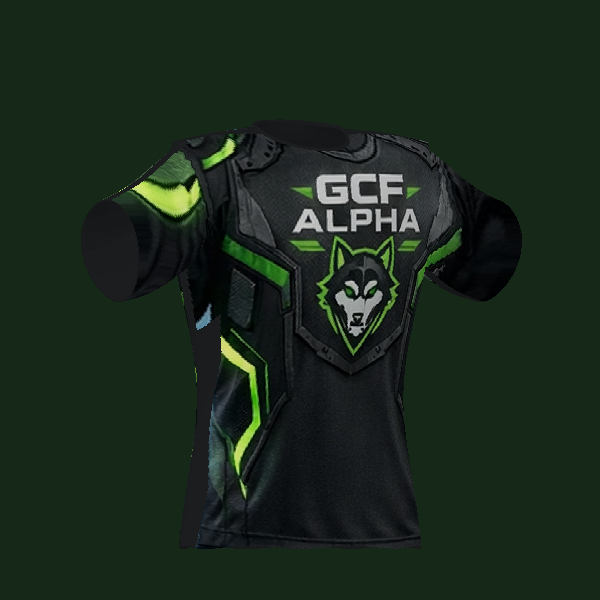 GCF Green Alpha team jersey, three-quarter front view of 3D design render.