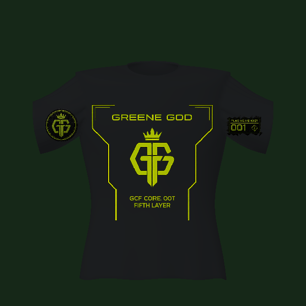Greene God Fifth Layer tee, front view of 3D design render.