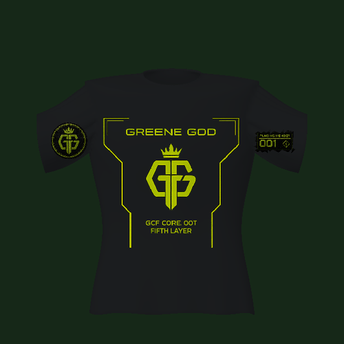 Greene God Fifth Layer tee, front view of 3D design render.
