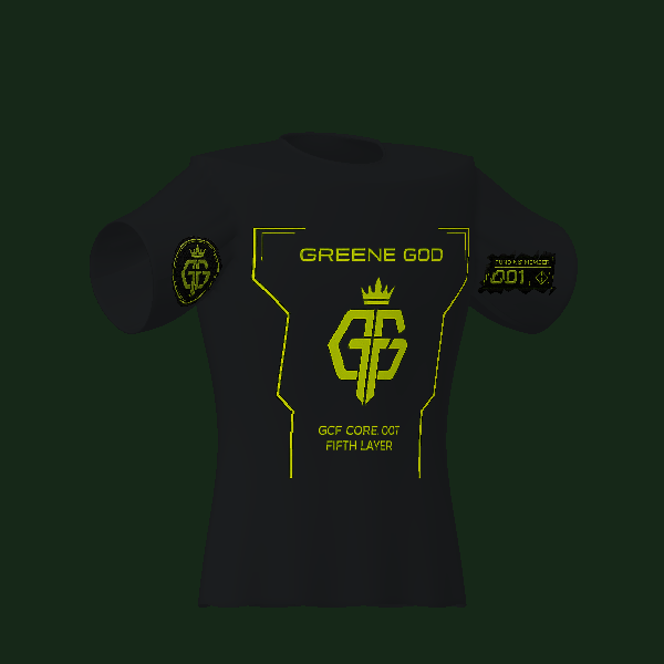 Greene God Fifth Layer tee, three-quarter front view of 3D design render.