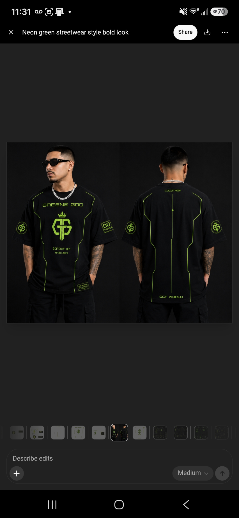 Reference screenshot of the Greene God GCF Core 001 Fifth Layer tee front and back concept mockup.