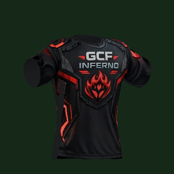 GCF Inferno team jersey, three-quarter front view of 3D design render.