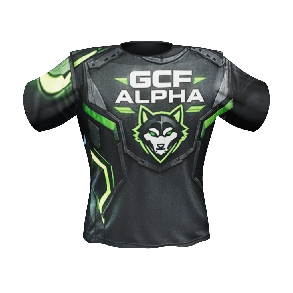 GCF Green Alpha shirt, complete-art V6 3D garment design render.