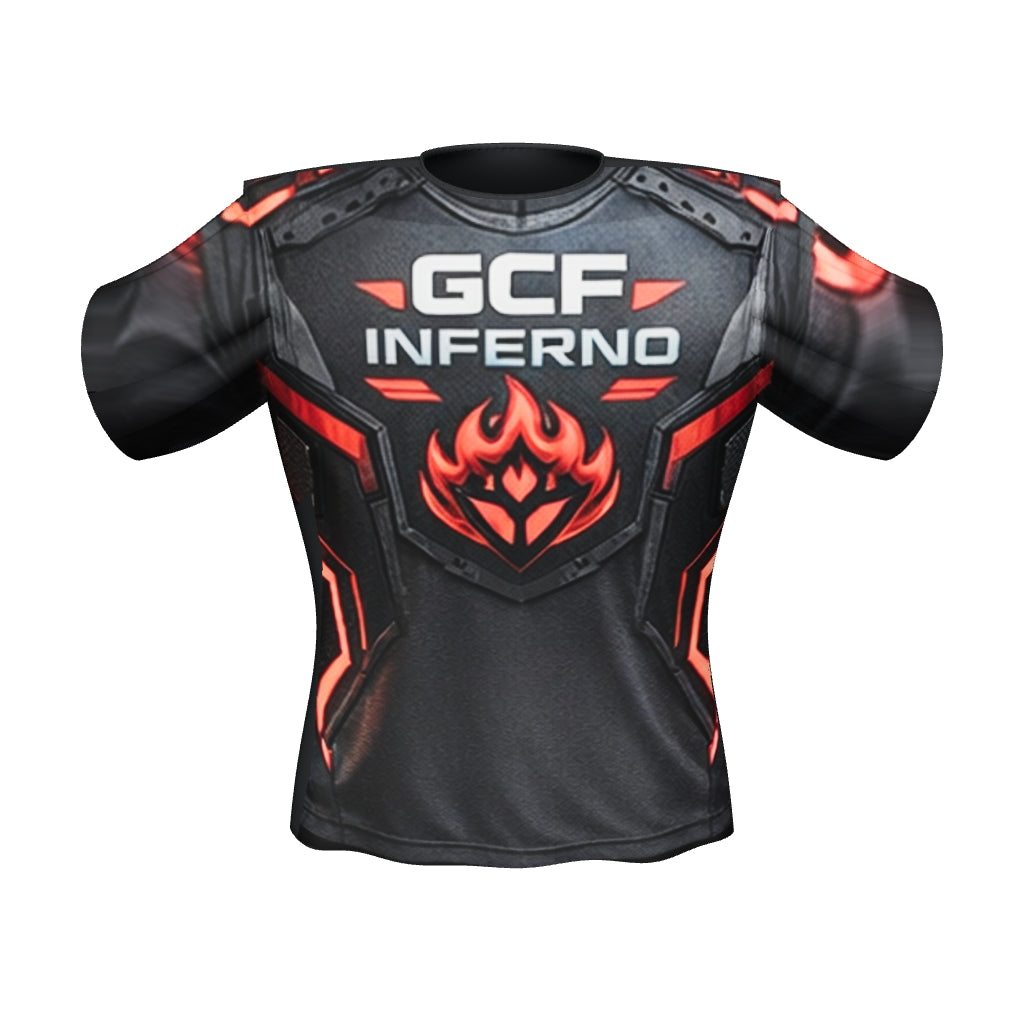 GCF Inferno shirt, complete-art V6 3D garment design render.
