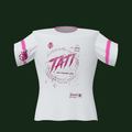 Tati pink and white team-style tee, front view of 3D design render.