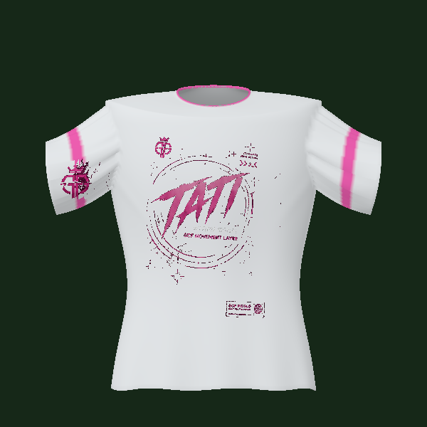 Tati pink and white team-style tee, front view of 3D design render.