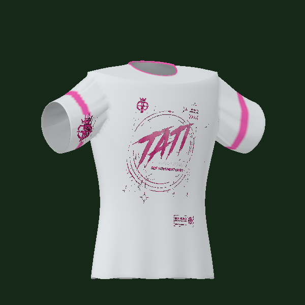 Tati pink and white team-style tee, three-quarter front view of 3D design render.